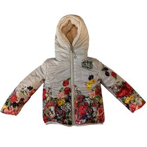 Monna Lisa Girls Reversible Floral Faux‎ Fur Puffer Jacket Hood Size 3